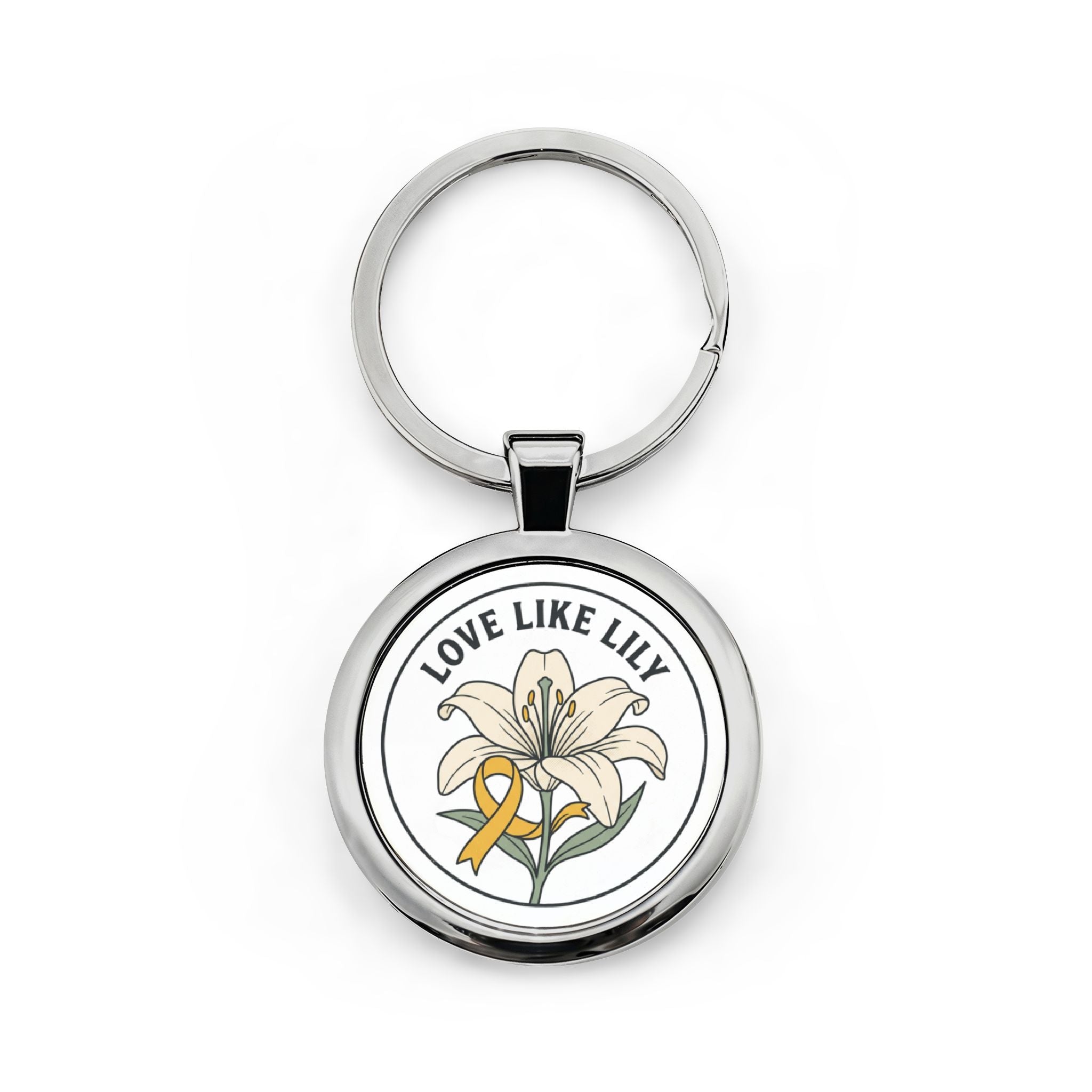 Love Like Lily Round Stainless Steel Keychain – Floral Memorial Ribbon Gift